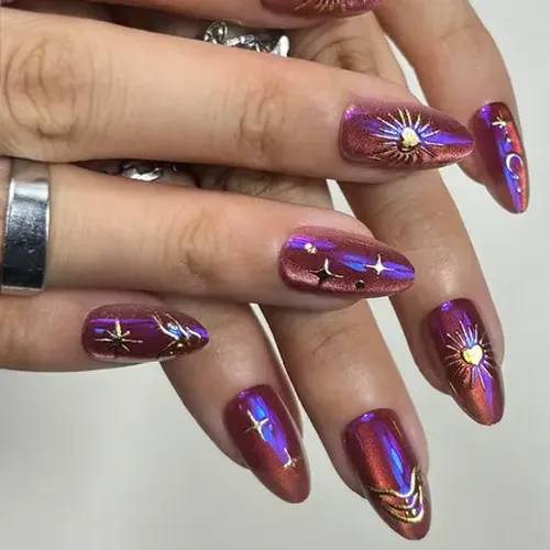 Vintage Chrome Sun, Moon and Star Cat Eye Short Almond Press-On Nails photo 3