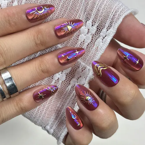 Vintage Chrome Sun, Moon and Star Cat Eye Short Almond Press-On Nails photo 4