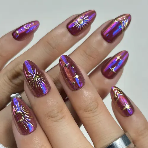 Vintage Chrome Sun, Moon and Star Cat Eye Short Almond Press-On Nails photo 5