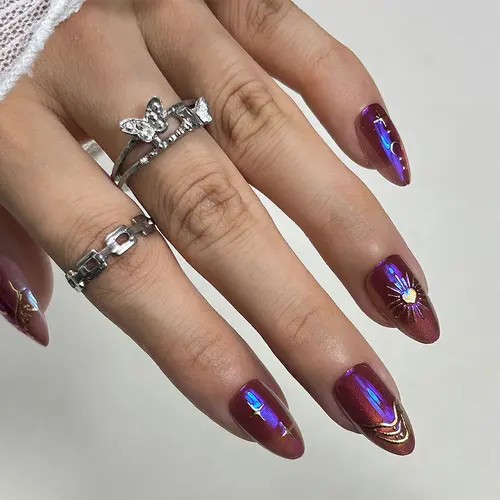 Vintage Chrome Sun, Moon and Star Cat Eye Short Almond Press-On Nails photo 6