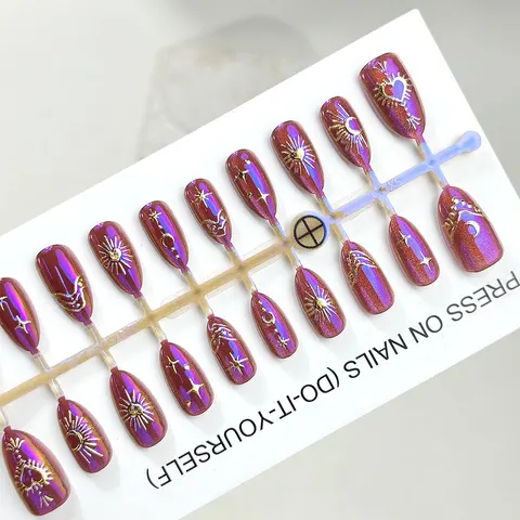 Vintage Chrome Sun, Moon and Star Cat Eye Short Almond Press-On Nails design 1