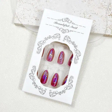 Vintage Chrome Sun, Moon and Star Cat Eye Short Almond Press-On Nails design 2