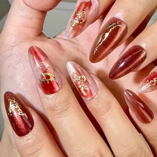 Vintage Wine Red Gold-Edge Cat Eye Almond Press-On Nails photo 3