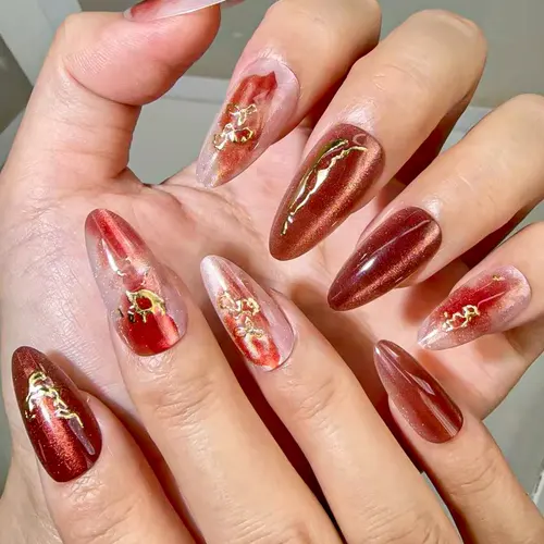 Vintage Wine Red Gold-Edge Cat Eye Almond Press-On Nails photo 4