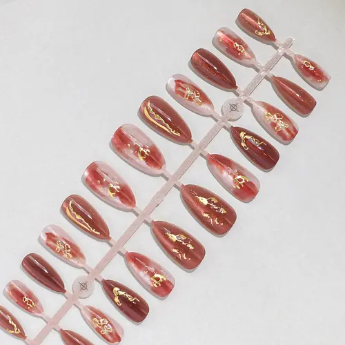 Vintage Wine Red Gold-Edge Cat Eye Almond Press-On Nails photo 5