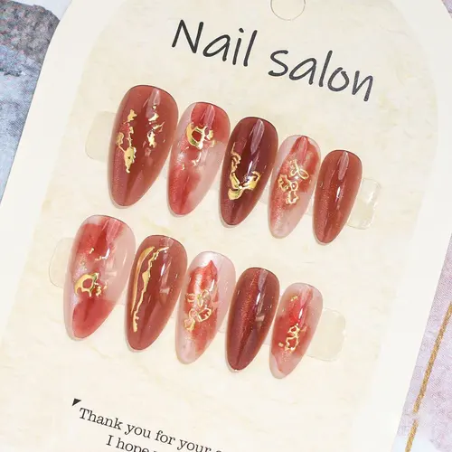 Vintage Wine Red Gold-Edge Cat Eye Almond Press-On Nails photo 6