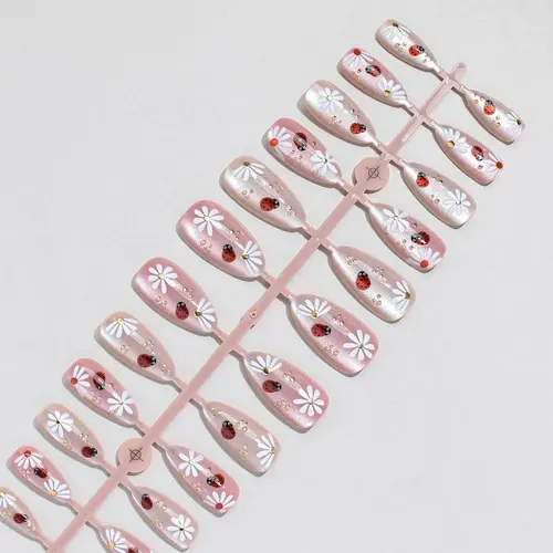 White Flower and Ladybug Gold Foil Cat Eye Almond Press-On Nails photo 3