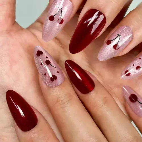 Wine Red Cherry and Polka Dot Almond Press-On Nails photo 2
