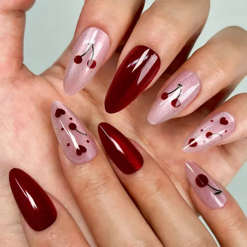 Wine Red Cherry and Polka Dot Almond Press-On Nails photo 3