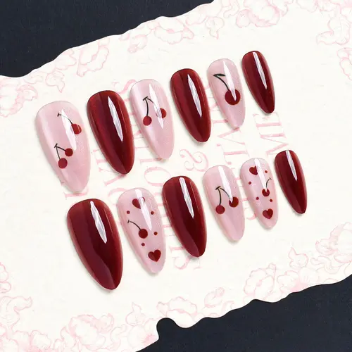 Wine Red Cherry and Polka Dot Almond Press-On Nails photo 5