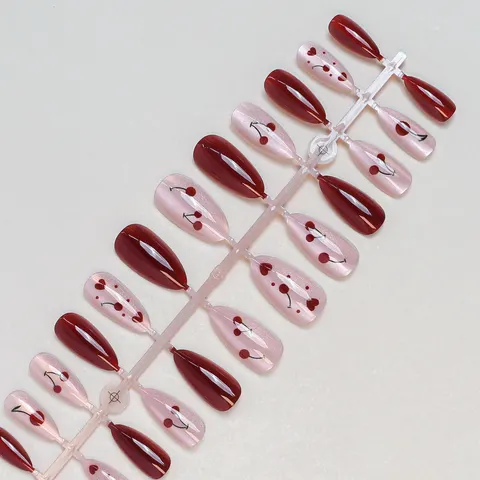Wine Red Cherry and Polka Dot Almond Press-On Nails design 1