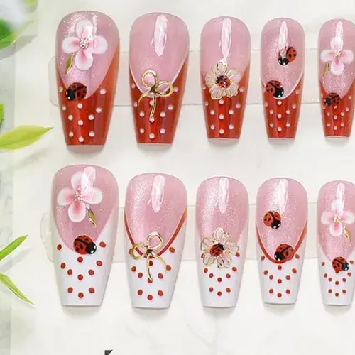 Wine Red French Ladybug and Polka Dot Medium Square Press-On Nails photo 2