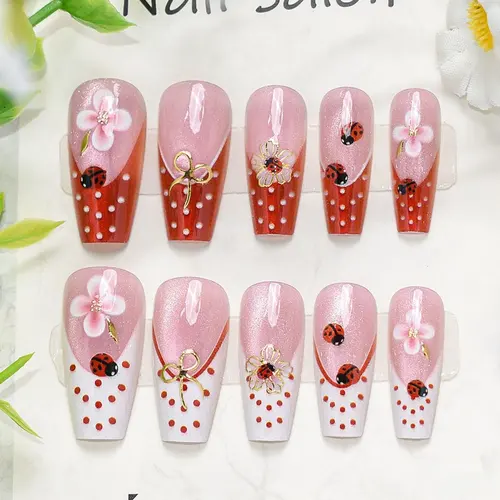 Wine Red French Ladybug and Polka Dot Medium Square Press-On Nails photo 4