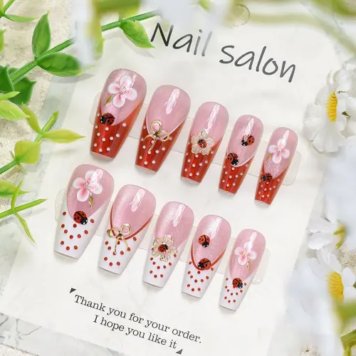 Wine Red French Ladybug and Polka Dot Medium Square Press-On Nails photo 5