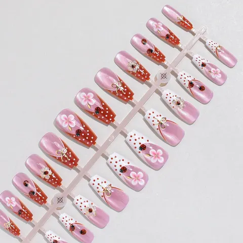 Wine Red French Ladybug and Polka Dot Medium Square Press-On Nails design 1