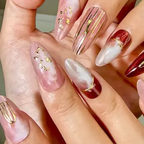 Wine Red Ombré Gold Foil Star Almond Press-On Nails photo 3