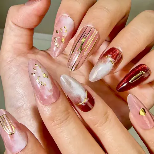 Wine Red Ombré Gold Foil Star Almond Press-On Nails photo 4
