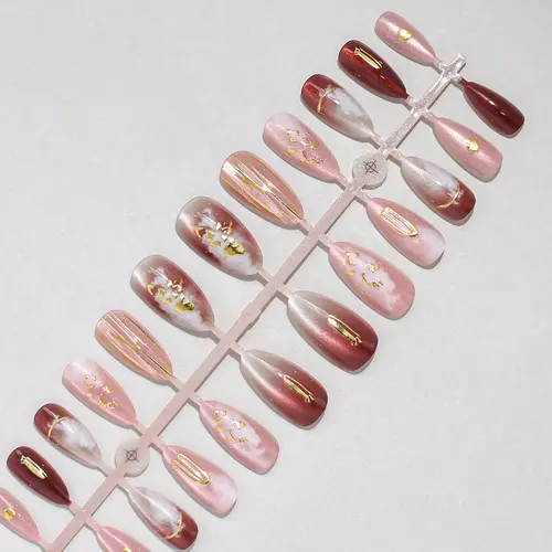 Wine Red Ombré Gold Foil Star Almond Press-On Nails photo 5