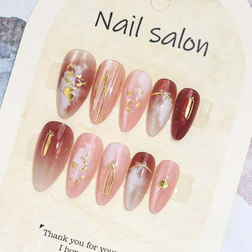 Wine Red Ombré Gold Foil Star Almond Press-On Nails photo 6