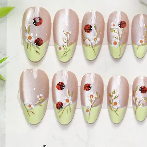 Yellow-Green Ombré Ladybug and Bee Cat Eye Almond Press-On Nails photo 2