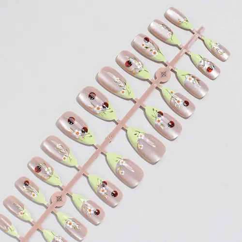 Yellow-Green Ombré Ladybug and Bee Cat Eye Almond Press-On Nails photo 3