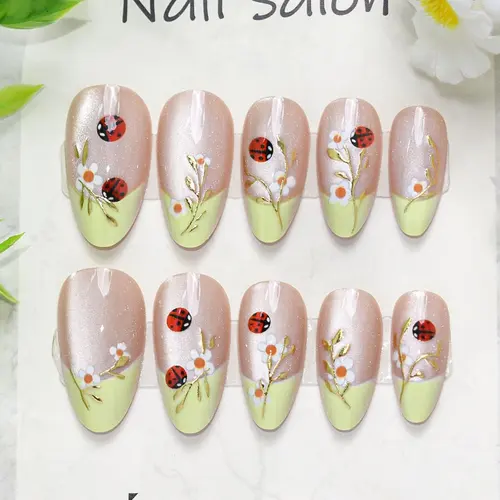 Yellow-Green Ombré Ladybug and Bee Cat Eye Almond Press-On Nails photo 4