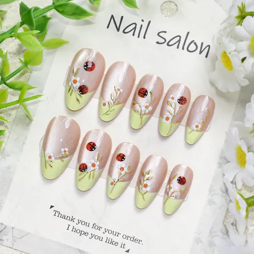 Yellow-Green Ombré Ladybug and Bee Cat Eye Almond Press-On Nails photo 5