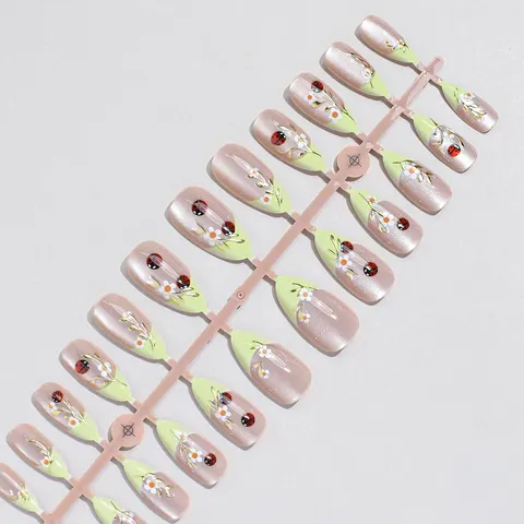 Yellow-Green Ombré Ladybug and Bee Cat Eye Almond Press-On Nails design 1