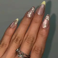 Butterfly Flower White Gold Foil French Almond Press-On Nails on hand