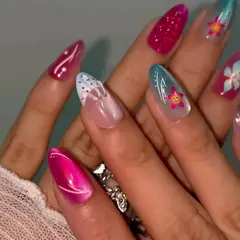 3D Gel Flower Blush Cat Eye Short Almond Press-On Nails on hand