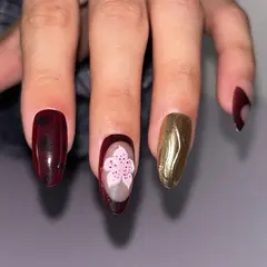 Wine Red Amber Gold Branch Almond Press-On Nails on hand